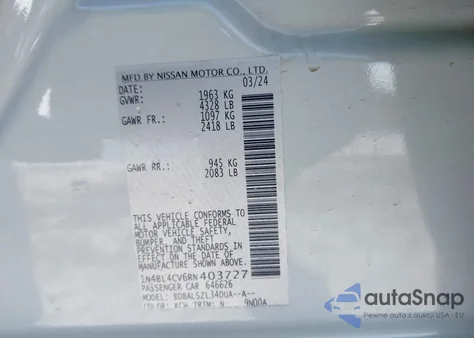 2024 Nissan Altima Sr Fwd z USA, uszkodzony, nr VIN 1N4BL4CV6RN403727